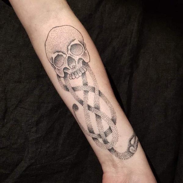 death eater dotwork forearm tattoo