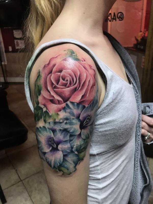 gladiolus and rose quarter sleeve tattoo