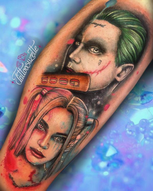 harley quinn and joker calf tattoo watercolor