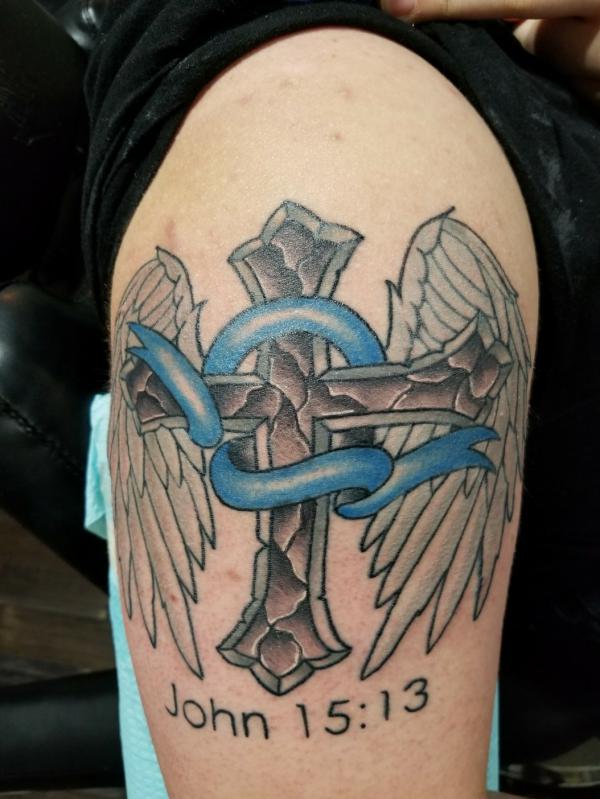 john 15 13 and cross with wings tattoo