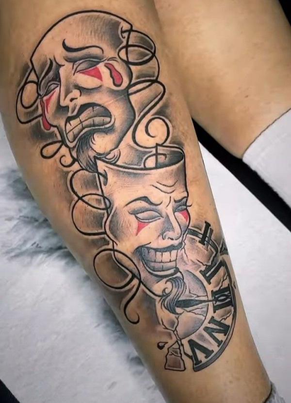 laugh now cry later with clock leg tattoo