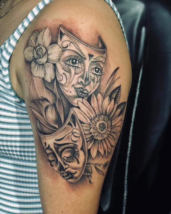 laugh now cry later with daffodil and sunflower tattoo black and grey