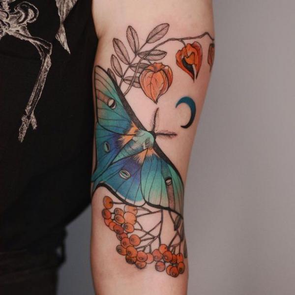 luna moth and Physalis tattoo