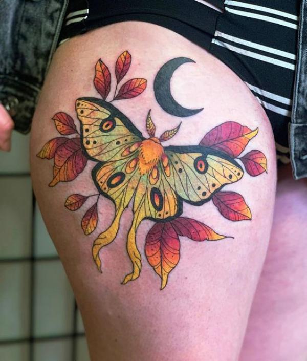 luna moth and fall leaves tattoo