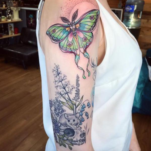 luna moth and moon shoulder tattoo