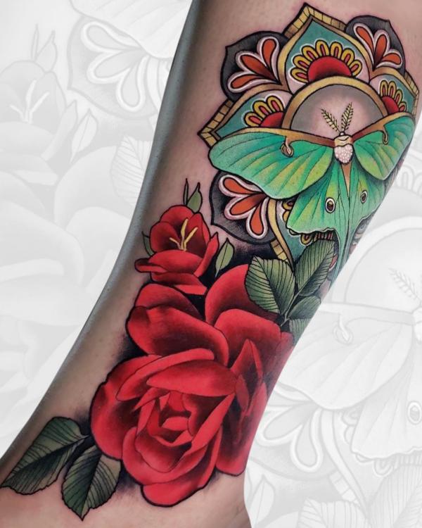 luna moth and rose tattoo