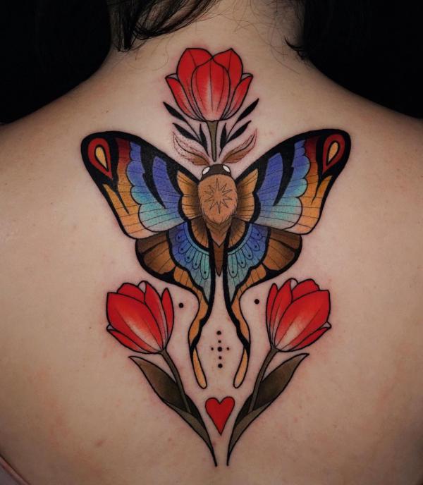 luna moth and tulip back tattoo