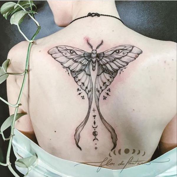 luna moth back tattoo black and grey