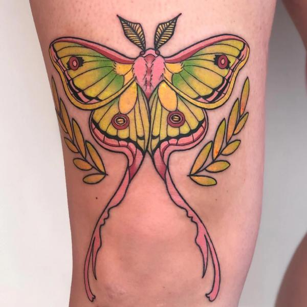 luna moth tattoo above knee