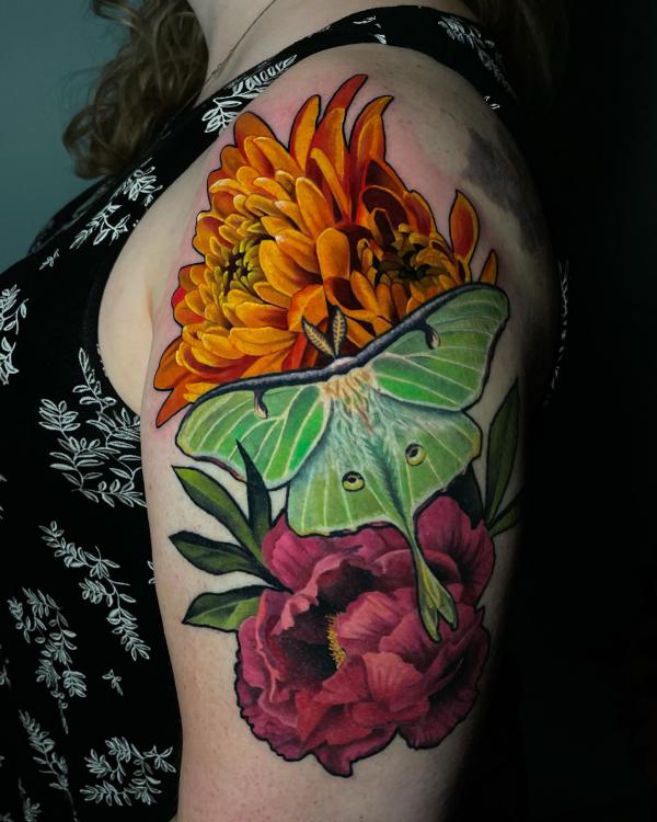 luna moth with chrysanthemum and peony tattoo