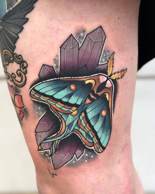 luna moth with crystal tattoo traditional