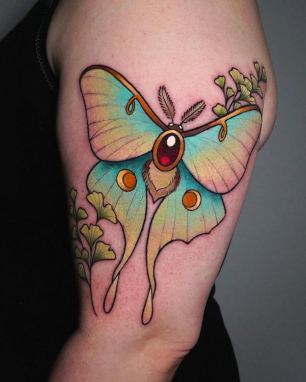 luna moth with ginkgo Leaf tattoo