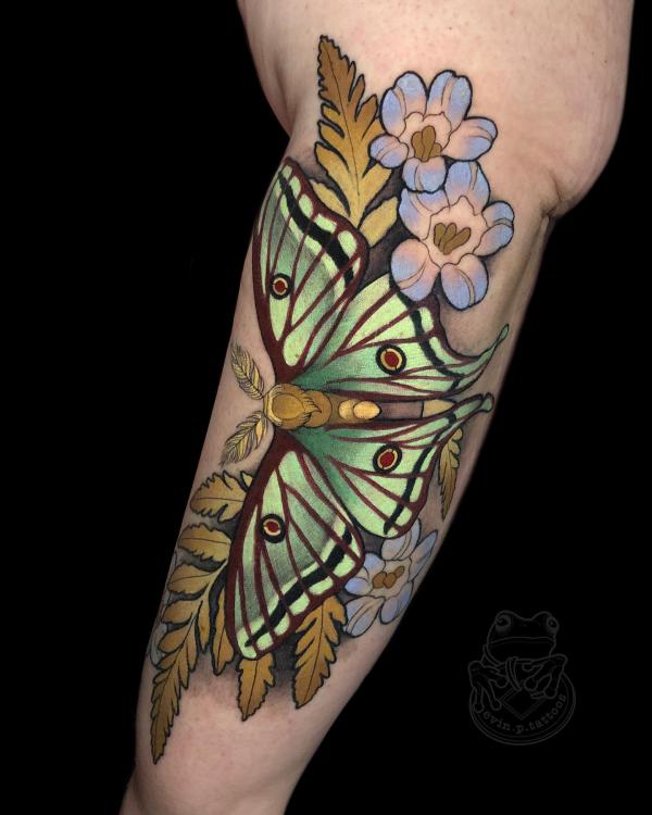 luna moth with leaves and flowers tattoo half sleeve