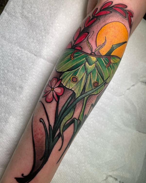 luna moth with yellow moon tattoo