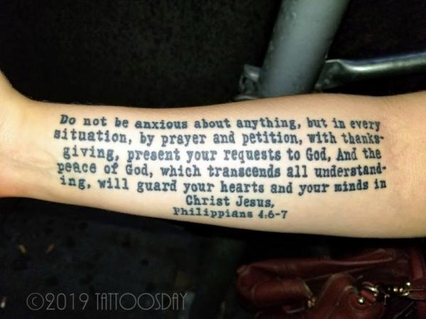 philippians 4 6 7 Bible verse forearm tattoo