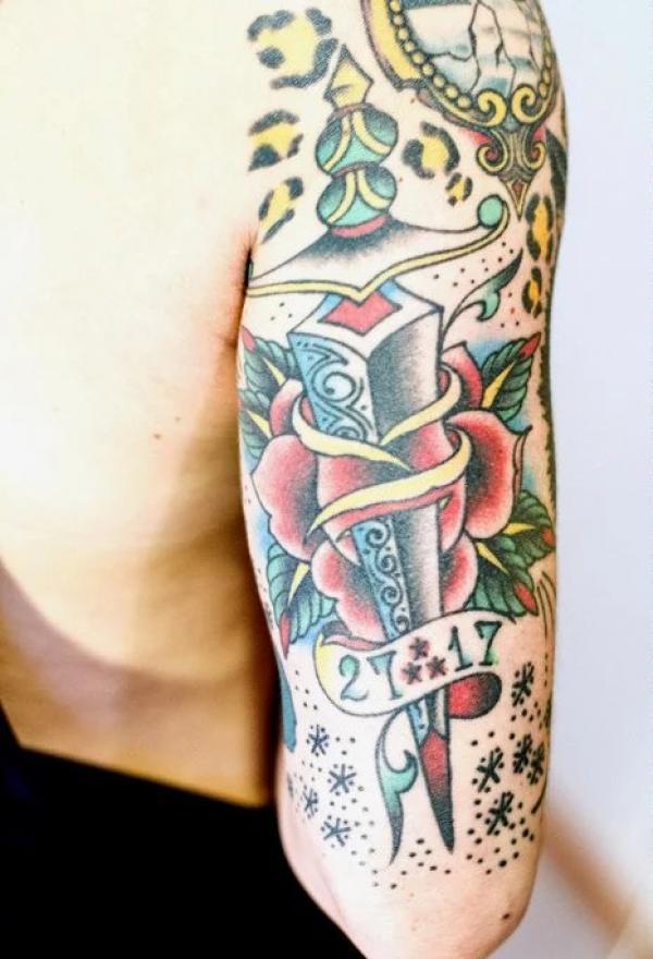 proverbs 27 17 with dagger tattoo traditional