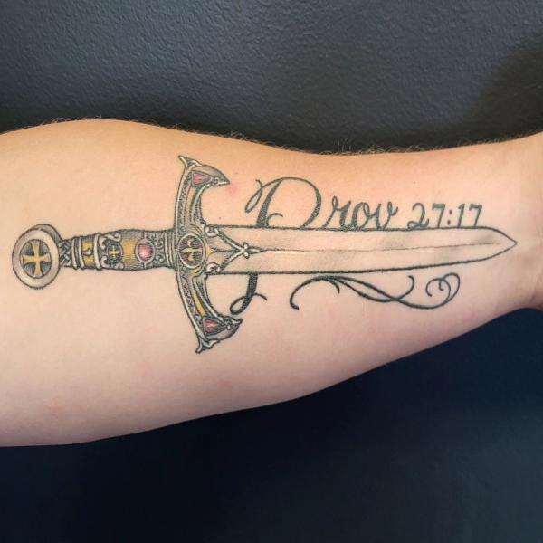 proverbs 27 17 with dagger tattoo