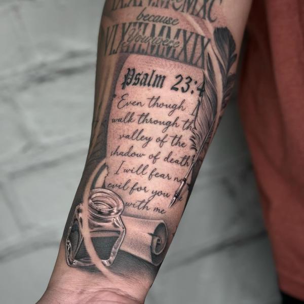 psalm 23 4 with ink and quill pen forearm tattoo