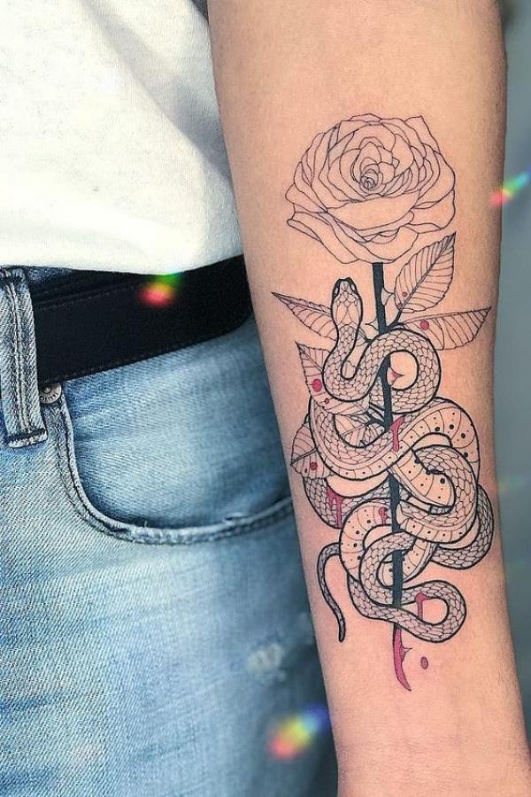 rose and snake line work tattoo forearm
