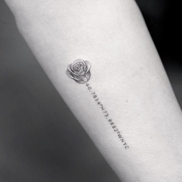 rose with coordinates tattoo black and grey