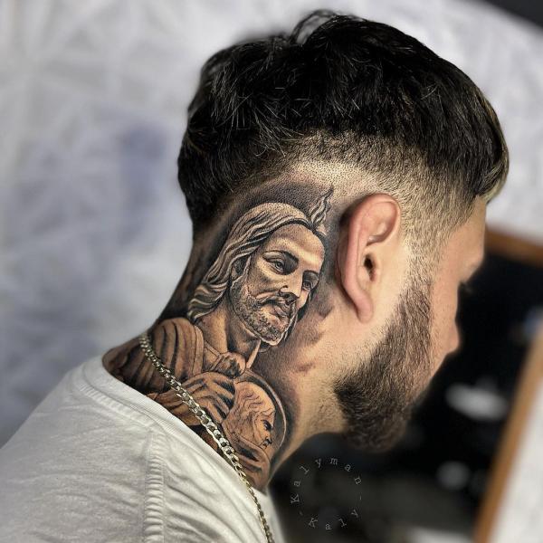 san judas neck tattoo for men