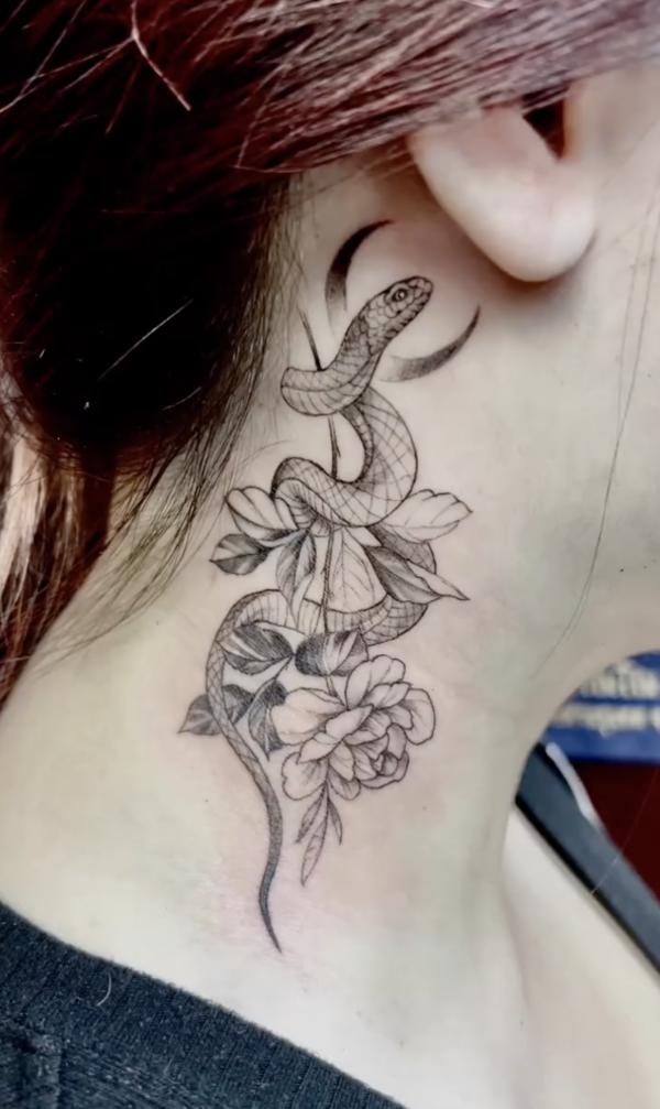 snake and rose neck tattoo black and grey