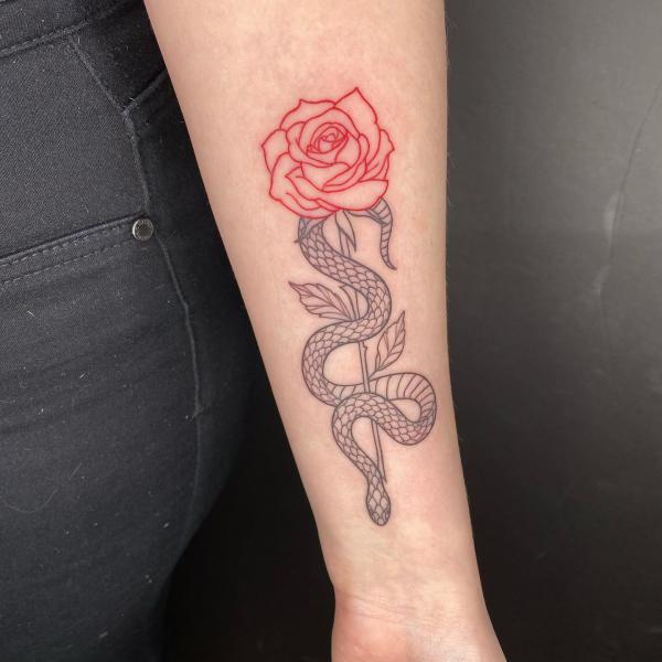 snake and rose outline tattoo forearm