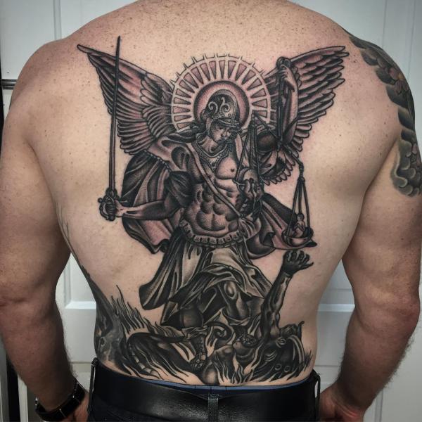 st michael holding Scales of Justice slaying the devil tattoo