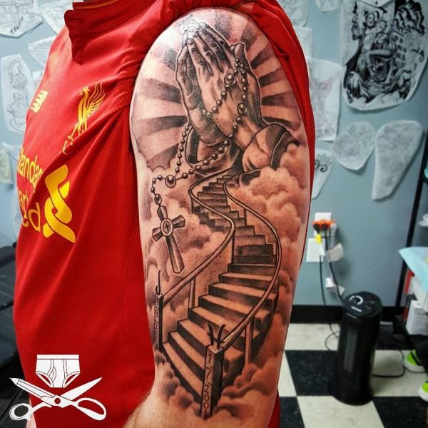 stairway to heaven with praying hands tattoo half sleeve