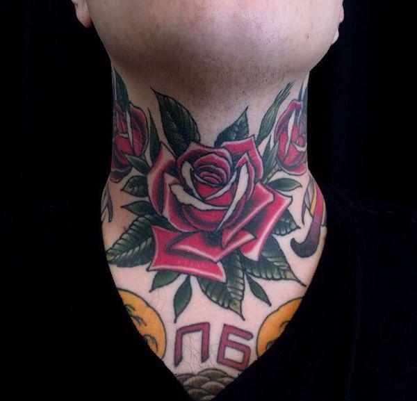 traditional roses tattoo around the neck