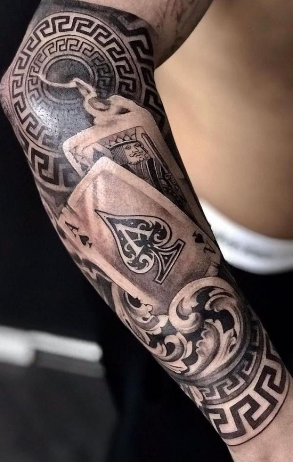 Ace of spade and Greek key tattoo sleeve