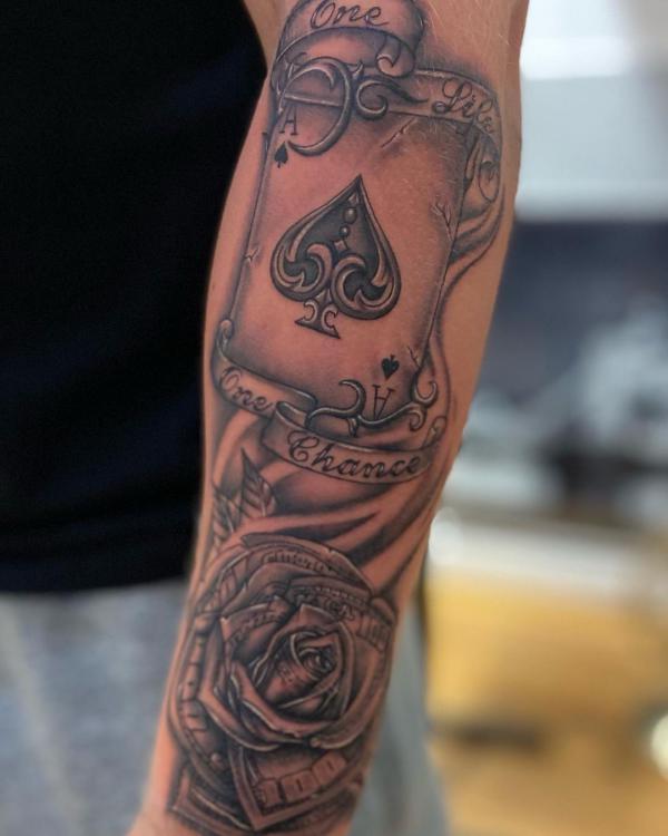 Ace of spades and money rose tattoo with words One Life One Chance
