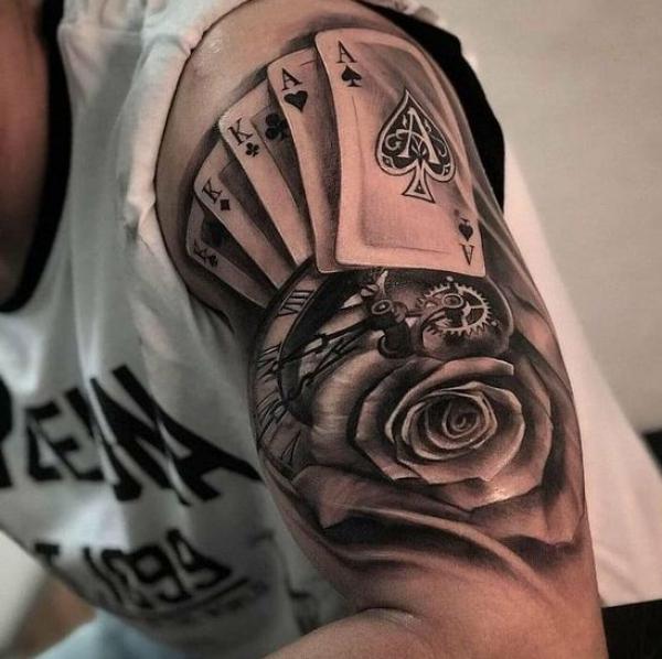 Ace of spades and rose with clock tattoo