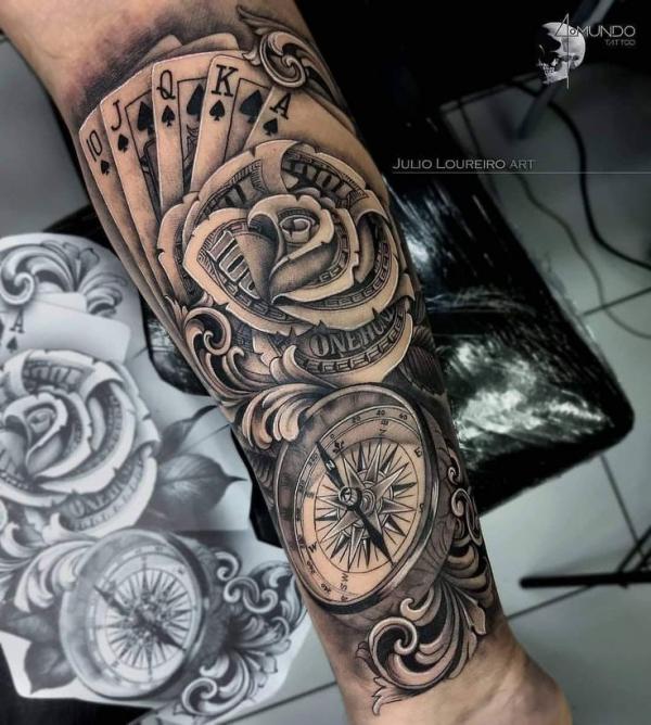 Ace of spades money rose and compass tattoo
