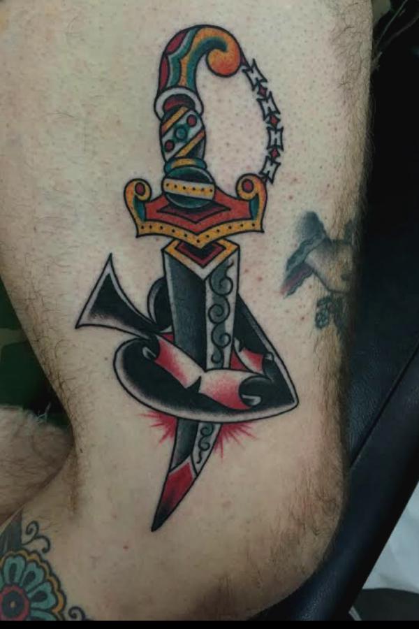 American traditional ace of spade and dagger tattoo