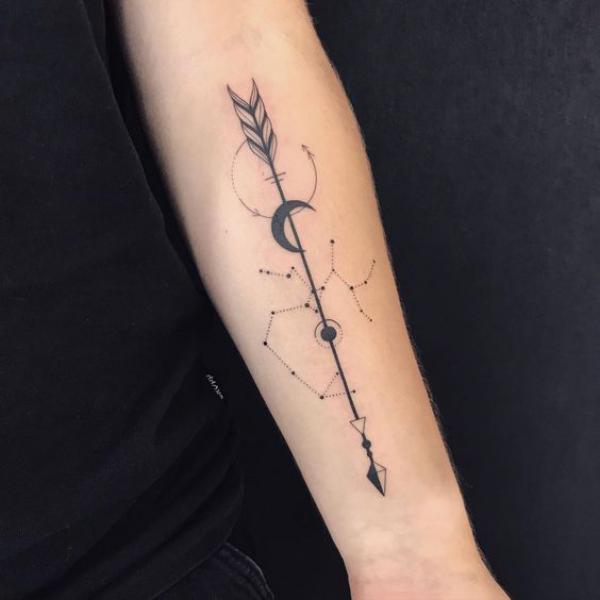 Aquarius and Sagittarius with crescent moon tattoo forearm