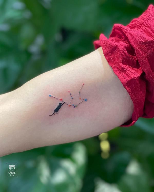 Aquarius constellation with silhouette cat tattoo