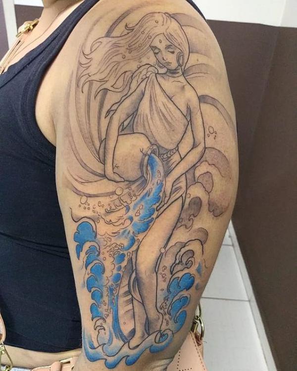 Aquarius female holding water bearer tattoo half sleeve
