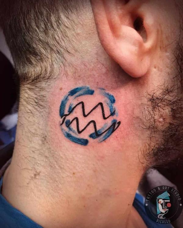 Aquarius tattoo on neck