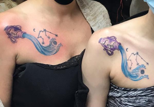 Aquarius water bearer and constellation matching tattoo