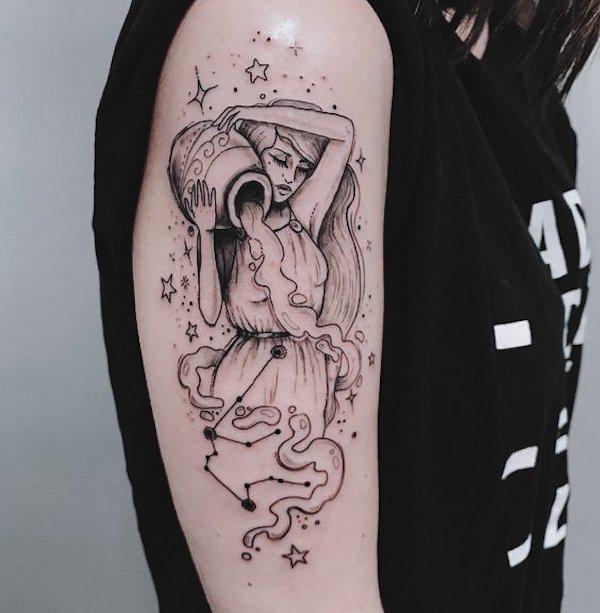 Aquarius woman pouring water tattoo half sleeve