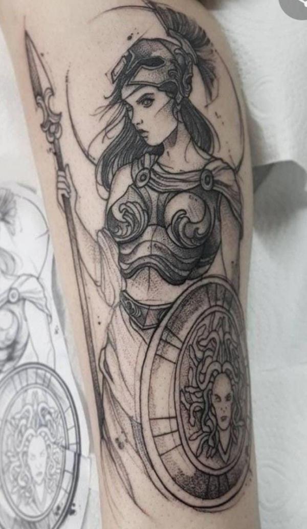 Athena with spear and Medusa shield tattoo