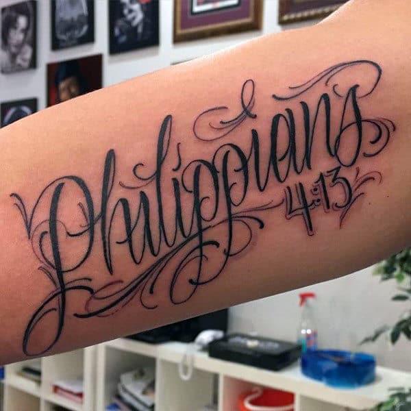 Bicep philippians 4 13 tattoo cursive