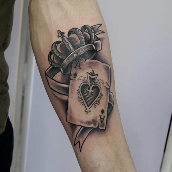 Black and grey ace of spades with crown tattoo