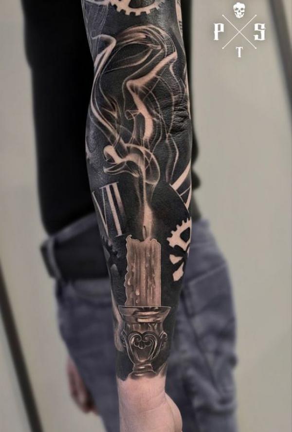Blackwork Candle and smoke tattoo