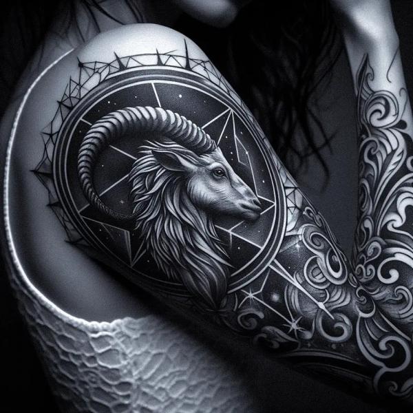 Blackwork Capricorn goat tattoo sleeve for women