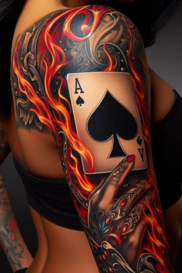 Burning ace of spade tattoo half sleeve