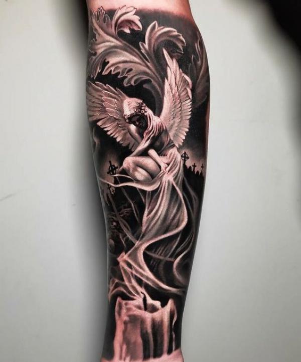 Candle with smoke and Angel tattoo