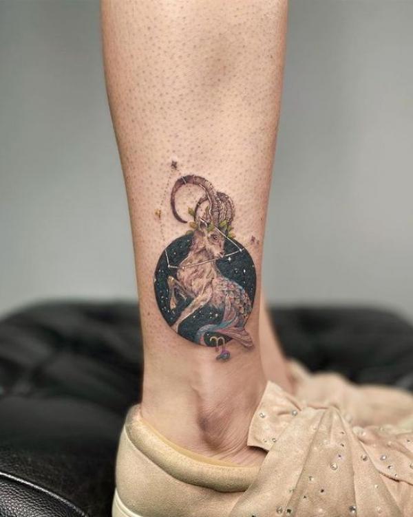 Capricorn sea goat and constellation ankle tattoo