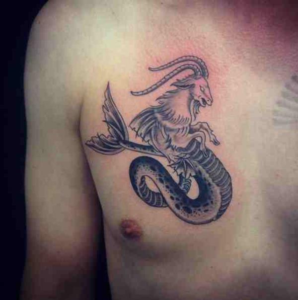 Capricorn sea goat chest tattoo